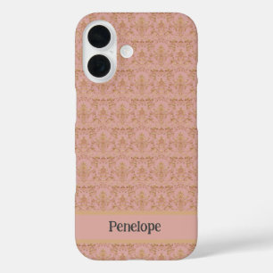 Eleganter rosa und goldener Damask iPhone/iPad-Geh iPhone 16 Hülle