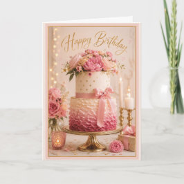 Eleganter rosa und goldener Rüschen-Geburtstagskuc Karte
