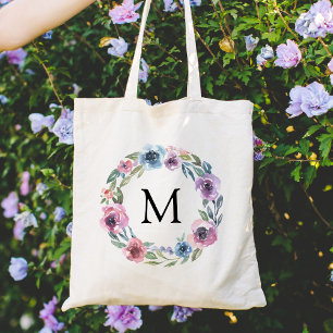 Eleganter rosa und lila floraler Kranz Monogramm Tragetasche