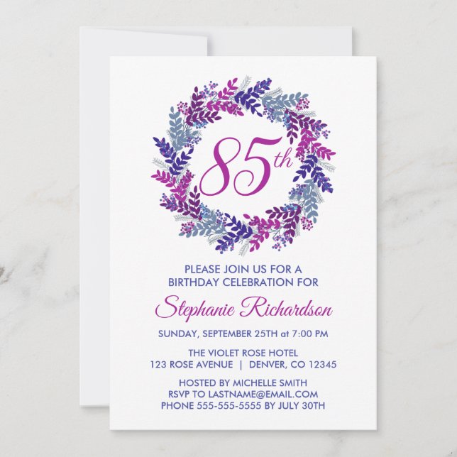 Eleganter Rosa und Lila Kraut 85. Geburtstag Einladung (Vorderseite)