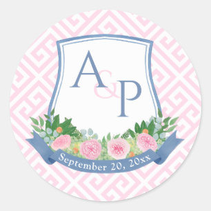 Eleganter rosa und navyblauer Monogramm-Hochzeitsw Runder Aufkleber