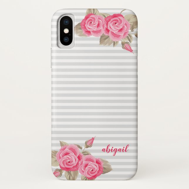 Eleganter Rosa- und Weißrosen und Monogrammname Case-Mate iPhone Hülle (Rückseite)