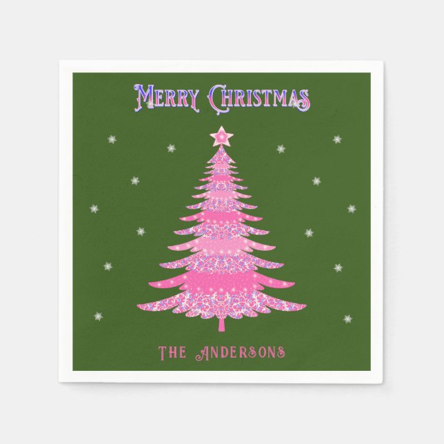 Eleganter Rosa Weihnachtsbaum Individuelle Name Gr Serviette (Vorderseite)