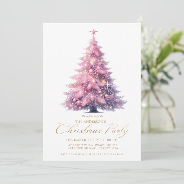 Eleganter rosa Weihnachtsbaum Winter Einladung (Stehend Vorderseite)