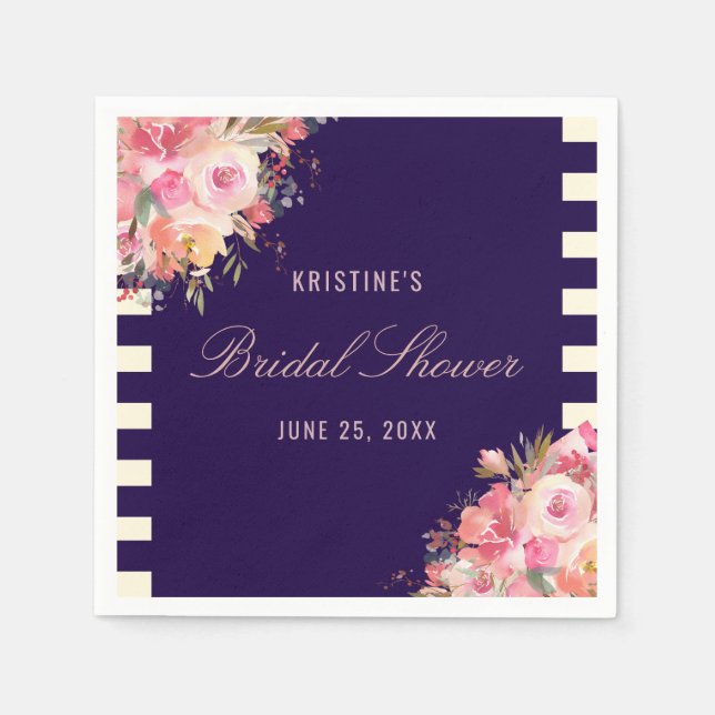 Eleganter, rosafarbener, blumiger Blaustreifen Serviette (Vorderseite)