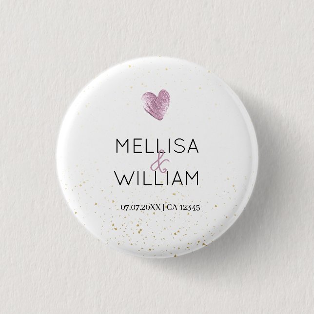 Eleganter rosafarbener Glitzer Herzfrequenz Datum  Button (Vorderseite)