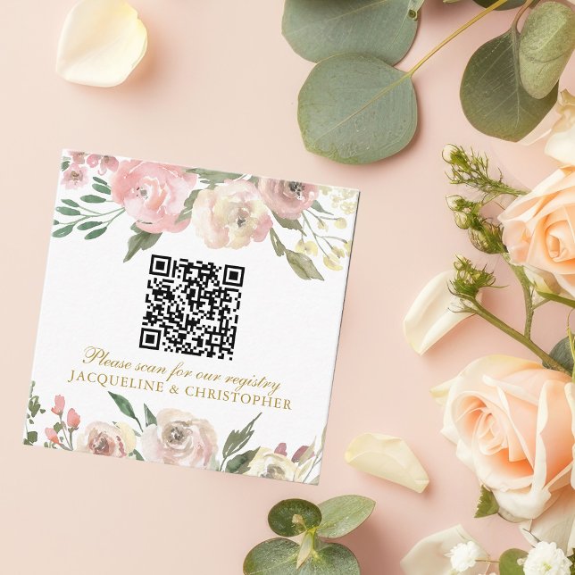 Eleganter rosafarbener Goldfloralhochzeitcode QR-C Begleitkarte (Von Creator hochgeladen)