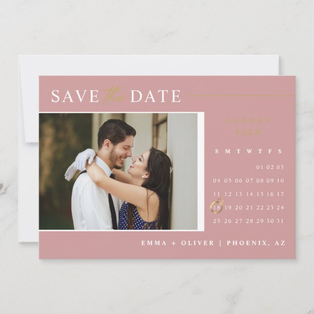 Eleganter, rosafarbener Goldkalender Save the Date Einladung (Vorderseite)