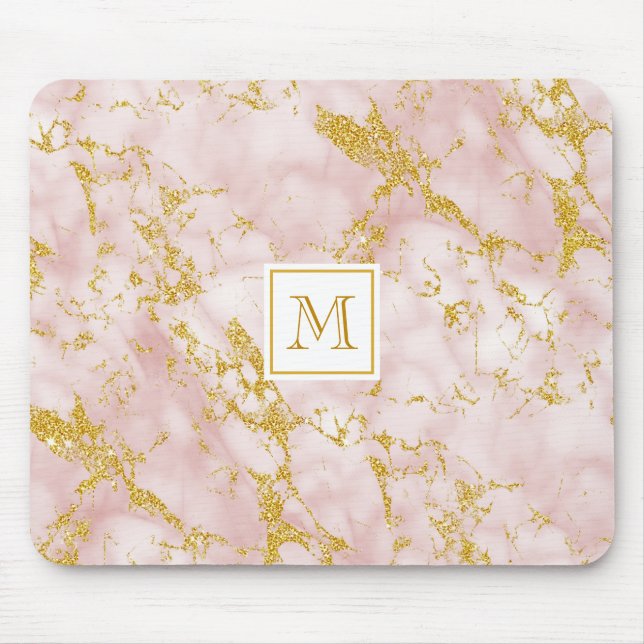 Eleganter rosafarbener Imitat Monogram Gold Glitze Mousepad (Vorne)
