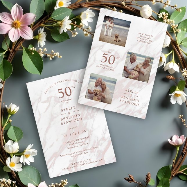 Eleganter rosafarbener Marmoreffekt Drei Fotos Col (Pink Marble Three Photos All Wedding Anniversary Announcement.)