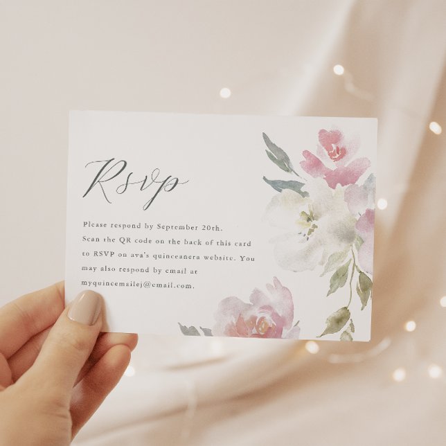 Eleganter rosafarbener Quinceanera QR Code UAWG RSVP Karte (Von Creator hochgeladen)