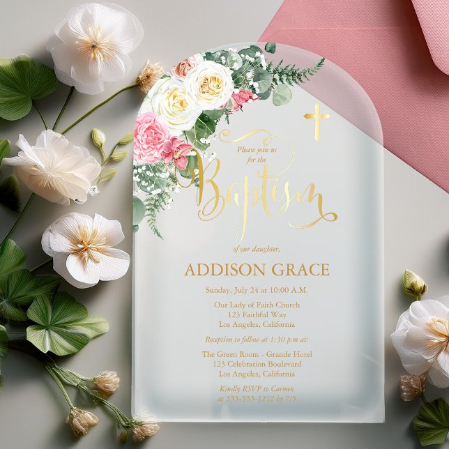 Eleganter Rose Garden - Girl Taufe - Imitate Gold Acryleinladungen (Elegant Rose Garden Girl Baptism Faux Gold Acrylic Invitations)