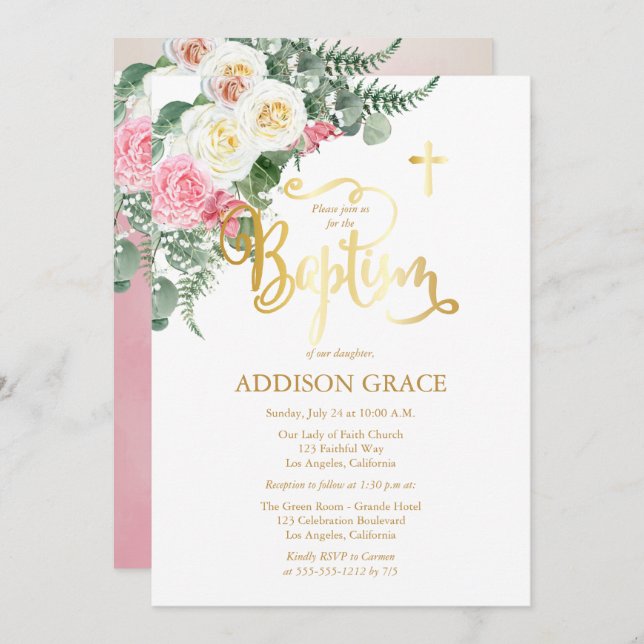 Eleganter Rose Garden - Girl Taufe - Imitate Gold Einladung (Vorne/Hinten)