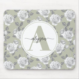 Eleganter Rose Garden in Sage Green Monogram Mousepad