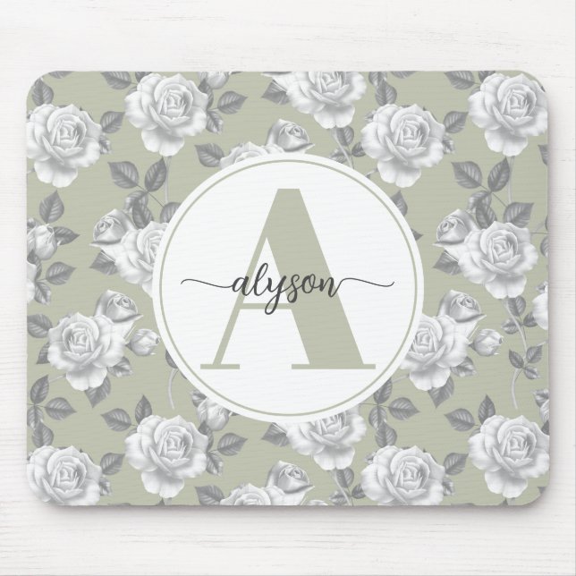 Eleganter Rose Garden in Sage Green Monogram Mousepad (Vorne)