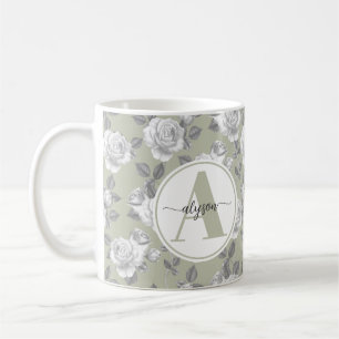 Eleganter Rose Garden in Sage Green Monogram Tasse
