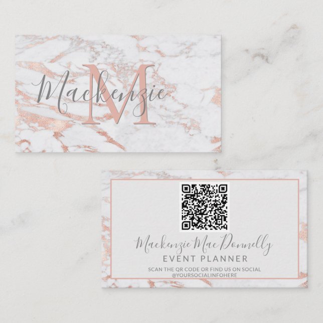 Eleganter Rose Gold Foil Marmor Monogram QR Code Visitenkarte (Vorne/Hinten)