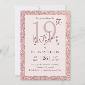 Eleganter Rose Gold Glitzer modern 19. Geburtstag Einladung