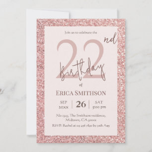 Eleganter Rose Gold Glitzer modern 22. Geburtstag Einladung