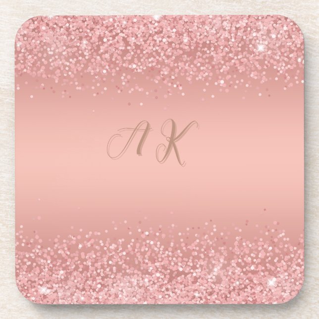 Eleganter Rose Gold Luxe Shimmer Monogram Unterset Getränkeuntersetzer (Vorderseite)
