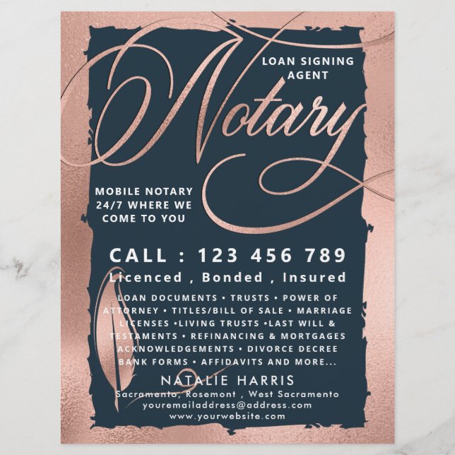 Eleganter Rose Gold & Navy Notar Agent Flyer (Vorne)