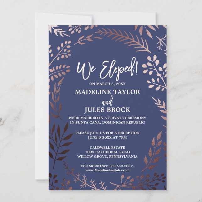 Eleganter Rose Gold und Navy Elopement Empfang Einladung (Vorderseite)