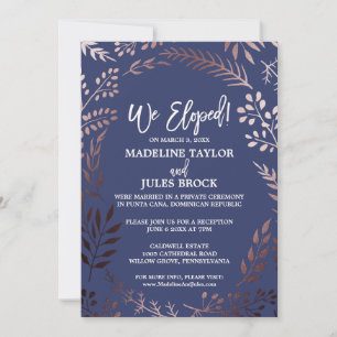 Eleganter Rose Gold und Navy Elopement Empfang Einladung