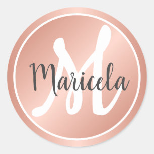 Eleganter Roségold-Pastellrosa-Monogramm-Name Runder Aufkleber