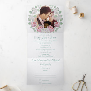 Eleganter Rosengarten-Blumenkranz-Hochzeit Dreifach Gefaltete Einladung