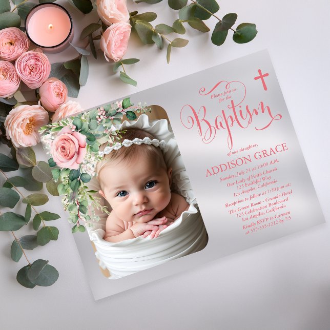 Eleganter Rosengarten - Mädchen-Taufe  Acryleinladungen (Elegant Rose Garden Eucalyptus Girl Baptism Photo Acrylic Invitation)