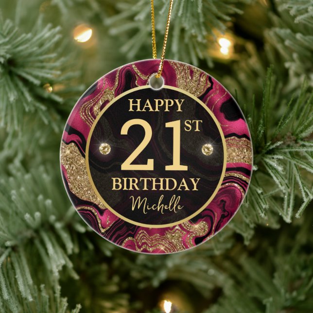 Eleganter Rot- und Gold-Glitzer Agate Birthday Keramik Ornament (Baum)