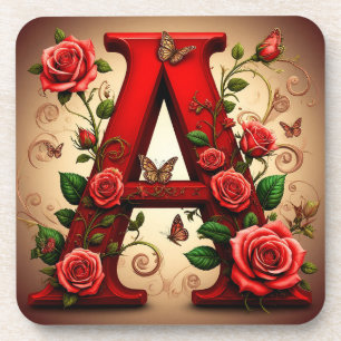 Eleganter roter Buchstabe A mit Rosen und Schmette Getränkeuntersetzer