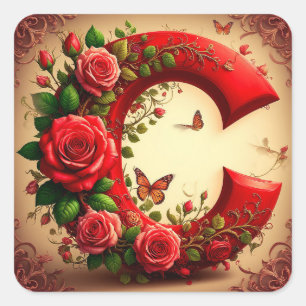 Eleganter roter Buchstabe C mit Rosen und Schmette Quadratischer Aufkleber