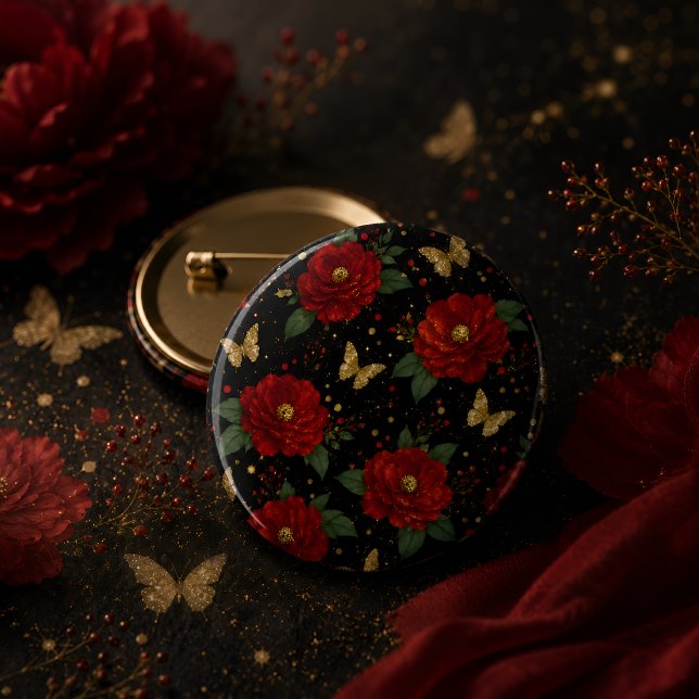 Eleganter roter floraler & goldener Schmetterling Button (Von Creator hochgeladen)