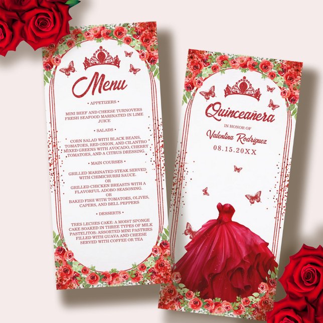 Eleganter Roter Glitzer Blumenkleid Quinceanera Menükarte (Elegant Red Glitter Floral Quinceanera Dress Menu)