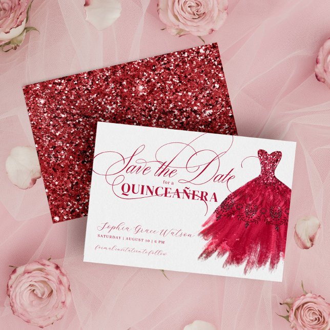 Eleganter Roter Glitzer Chic Dress Quinceanera Save The Date (Von Creator hochgeladen)
