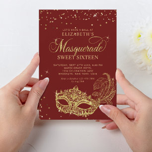 Eleganter Roter Glitzer Masquerade Sweet 16 Einladung