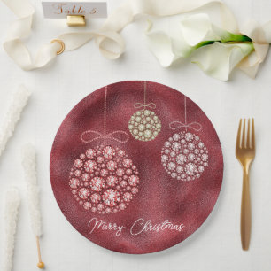Eleganter Roter Glitzer Ornaments Frohe Weihnachte Pappteller