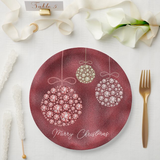 Eleganter Roter Glitzer Ornaments Frohe Weihnachte Pappteller (Hochzeit)