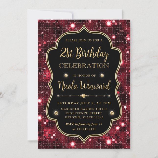 Eleganter Roter Glitzer Vintag Frame Geburtstag Einladung (Vorderseite)