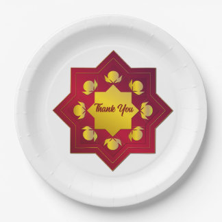 Eleganter roter goldener verzierter Papier-Teller Pappteller