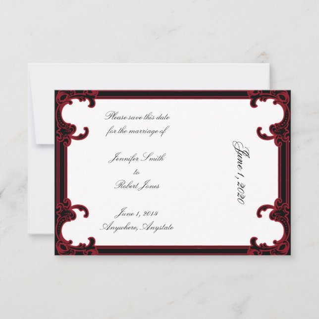 Eleganter roter Gotischer Rahmen Hochzeit Sichern  Save The Date (Vorderseite)