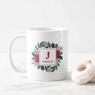 Eleganter roter grüner Stechpalmenkranz Monogramm Kaffeetasse