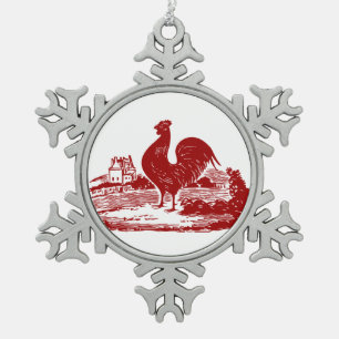 Eleganter roter Hahn-Vintager Land-Bauernhof Schneeflocken Zinn-Ornament