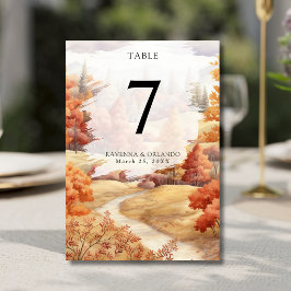 Eleganter roter Herbstfluss-Wald-Hochzeit im Herbs Tischnummer