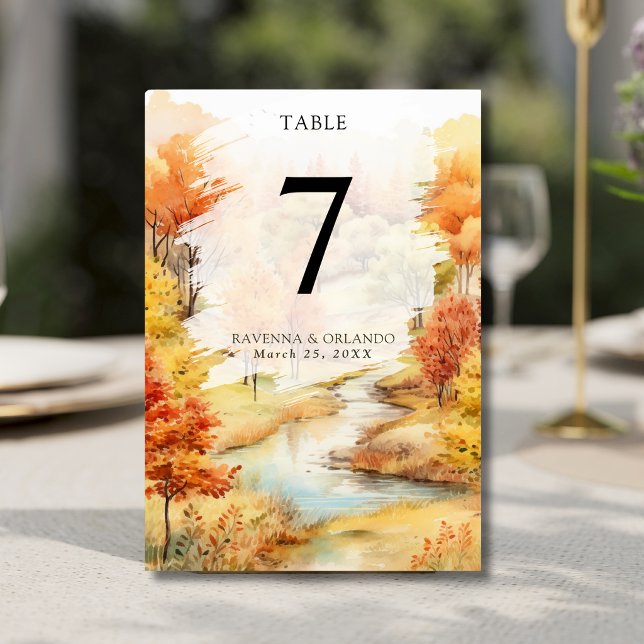 Eleganter roter Herbstfluss-Wald-Hochzeit Tischnummer (Von Creator hochgeladen)