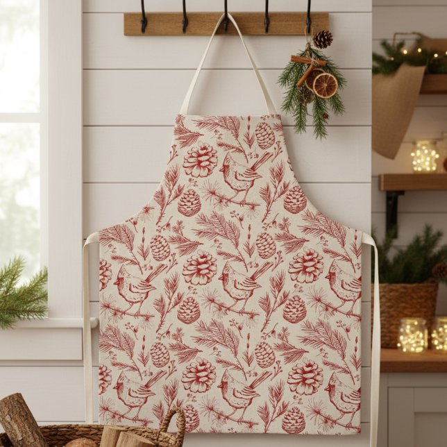 Eleganter Roter Kardinal Bird, Pine and Winter Ber Schürze (Festive Elegant Winter Red Cardinal Bird and Pinecone Pattern for Christmas for Nature or Bird Lover)