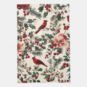Eleganter roter Kardinal-Winter-Botanik-Cream Geschirrtuch