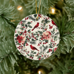 Eleganter roter Kardinal-Winter-Botanik-Cream Keramik Ornament