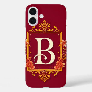 Eleganter roter Monogrammrahmen mit floralem Schmu iPhone 16 Plus Hülle